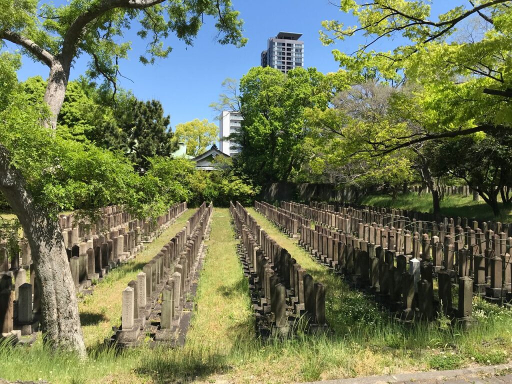 Sunny Tokyo cemetery with orderly rows of gray gravestones between green grass and trees, distant high-rise.