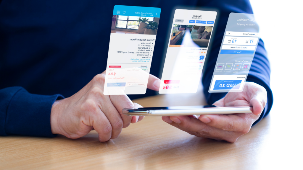 Two hands in a blue-sleeved shirt grip a tablet, with three translucent app screens floating above device on a wooden table.