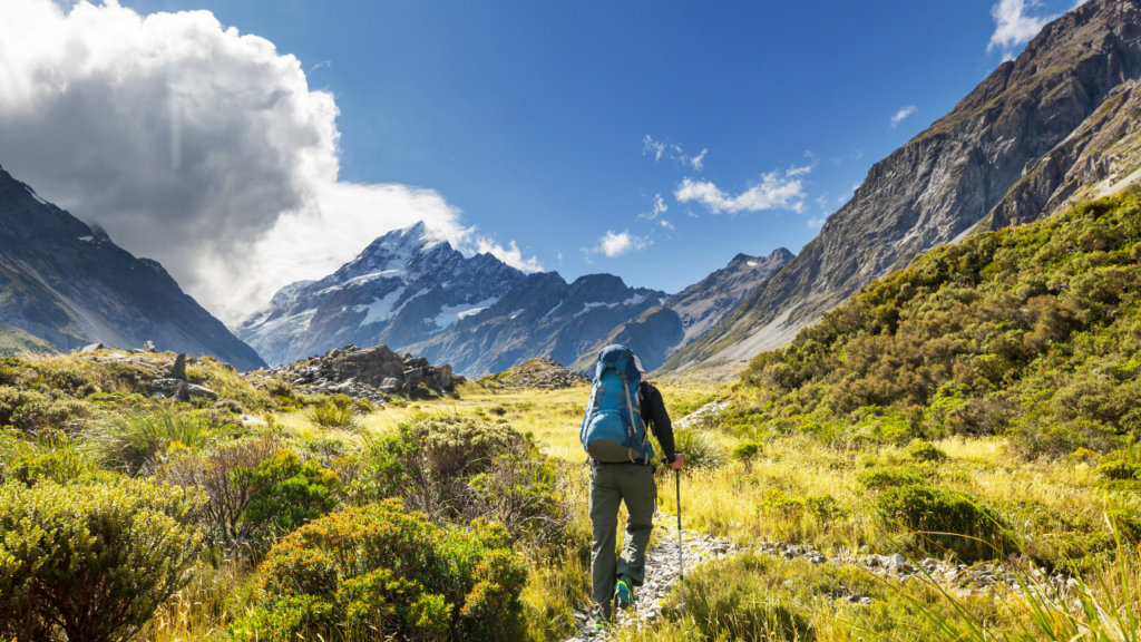 Hiker with a blue backpack trekking through a lush alpine valley toward jagged, snow-capped peaks under a bright blue sky.